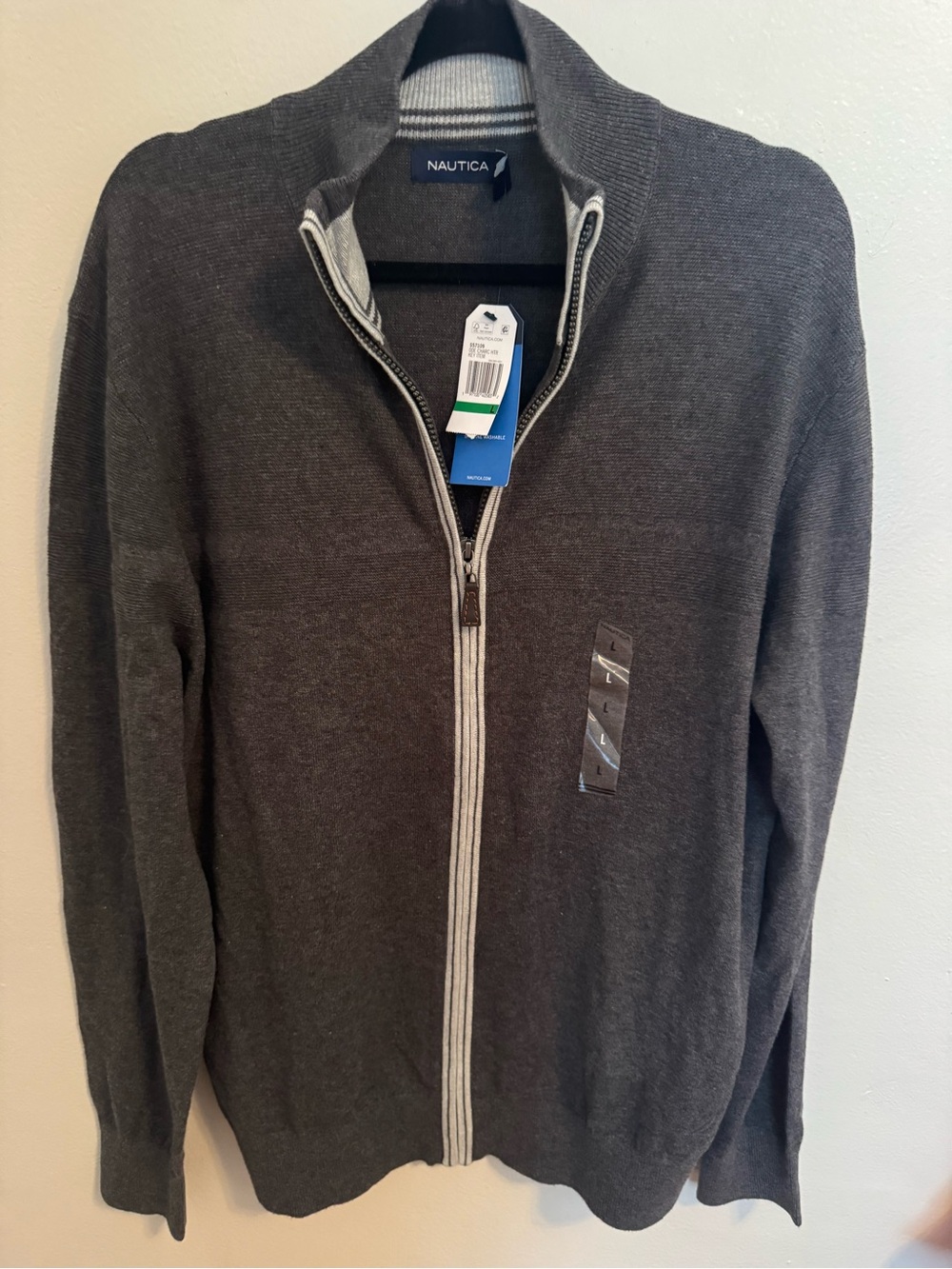Nautica Men’s Large Charcoal Gray Full Zip Mock Neck Sweater NWT